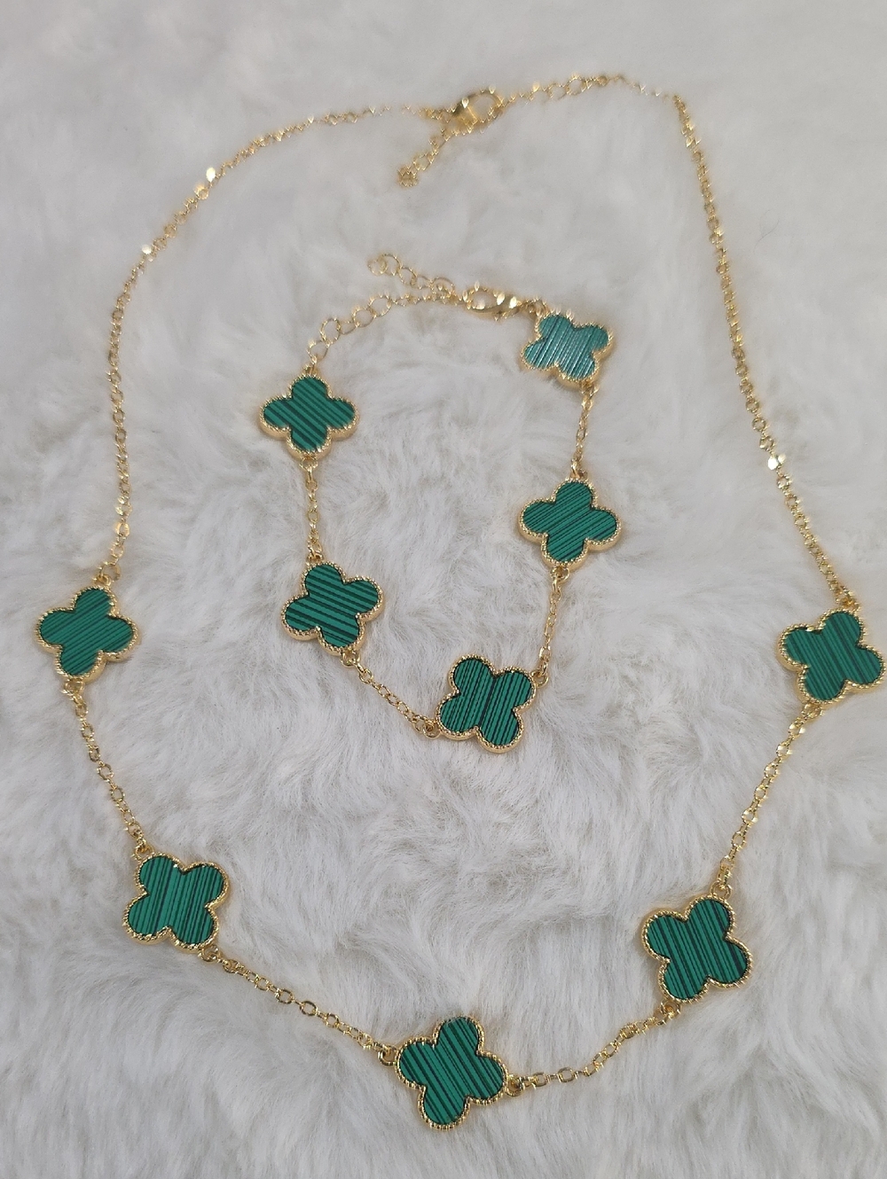 14k Gold Plated Necklace & Bracelet Set with Green Clover Motifs